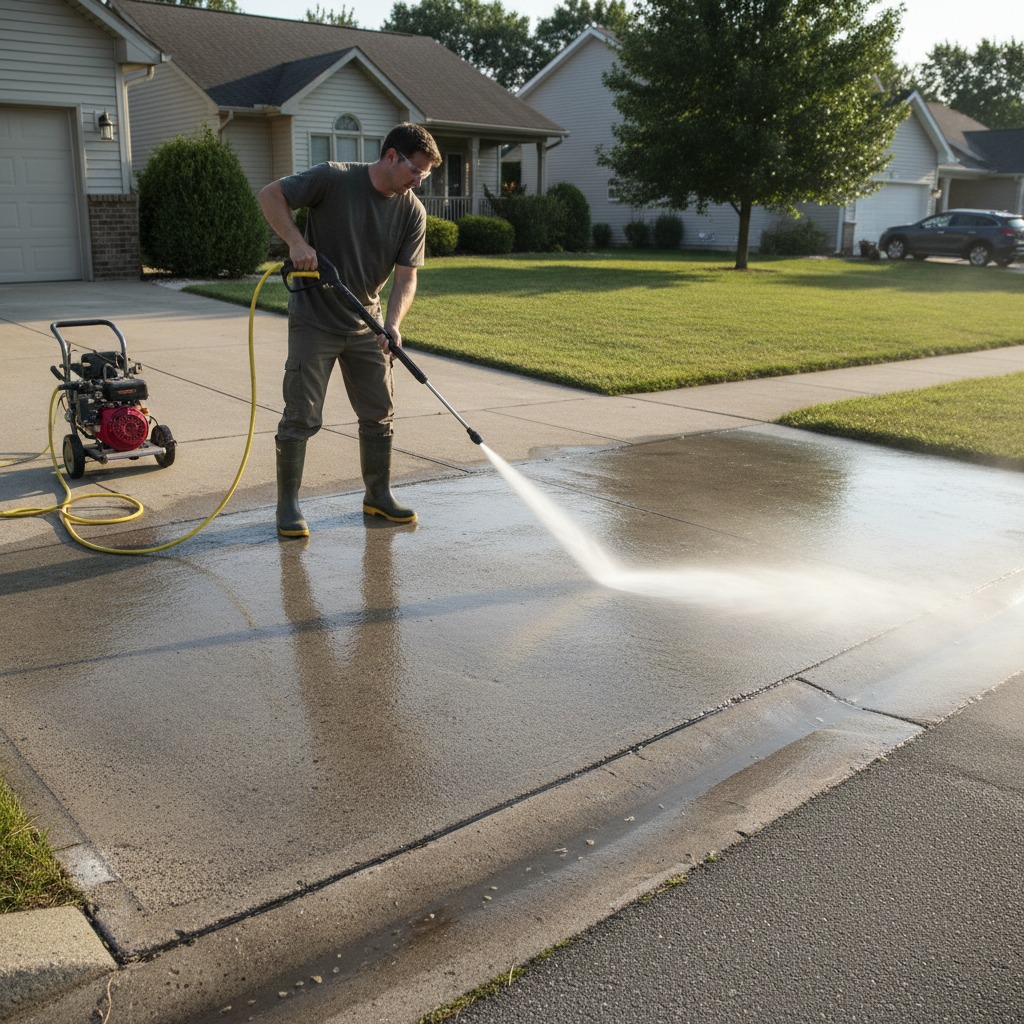 A man in protective boots uses a pressure washer to clean a concrete driveway in front of a suburban home.