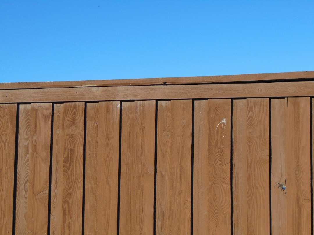 Weathered wooden fence planks set against a clear blue sky.
